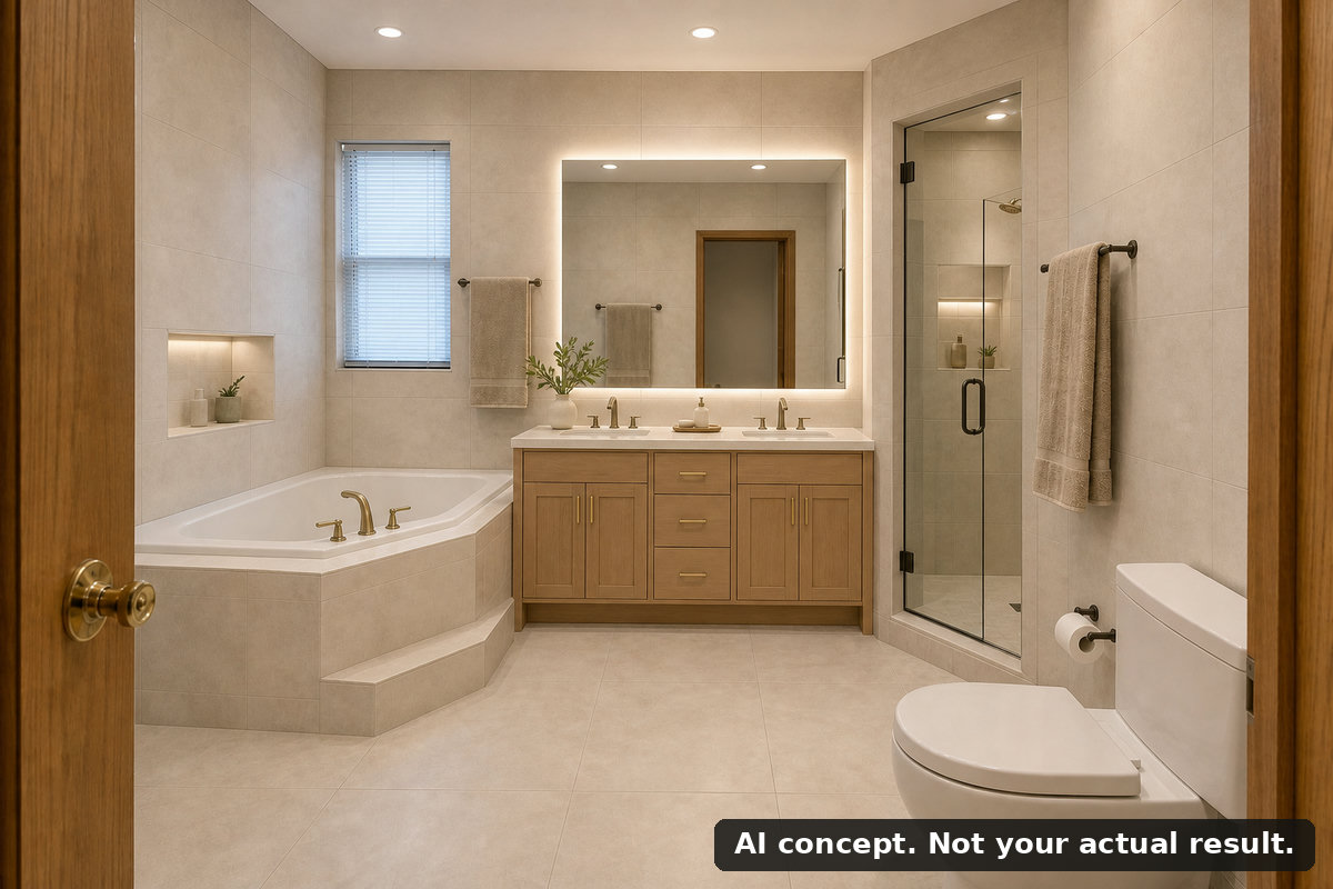 Example AI concept of a bathroom in the Modern Spa style, Full Remodel budget range